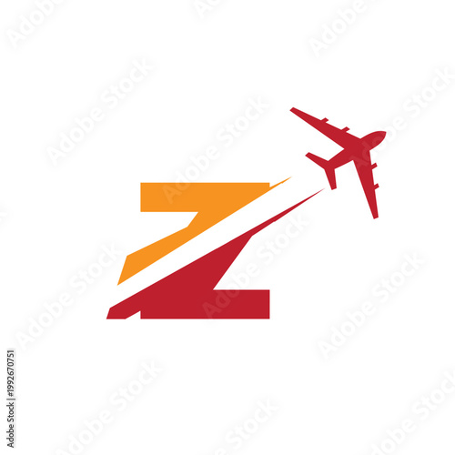This is a logo design of a letter Z with an airplane flying through it cut the letter into two parts. The logo looks nice in red and orange color combination and on a white background.