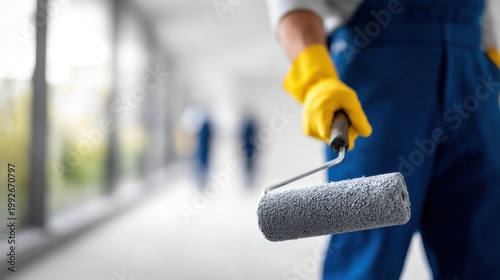 Painter in blue overalls and yellow gloves holding a paint roller, ready to work
