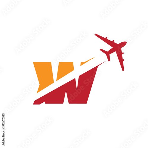 This is a logo design of a letter W with an airplane flying through it cut the letter into two parts. The logo looks nice in red and orange color combination and on a white background.