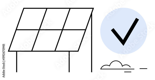Renewable energy, sustainability, eco-friendly solutions, green technology, efficiency, approvals. Solar panel with checkmark and minimal elements. Renewable energy and sustainability concepts