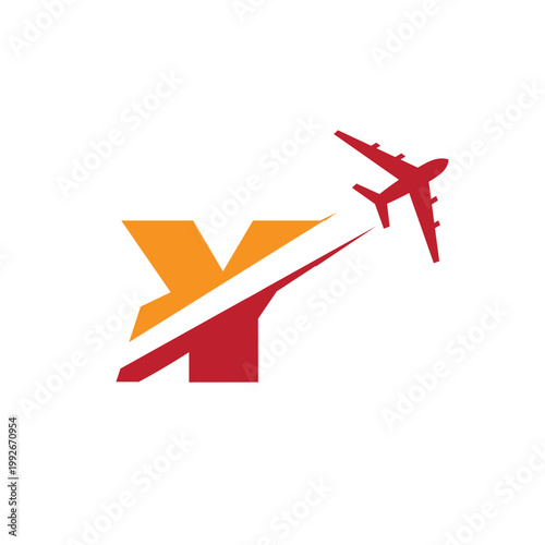 This is a logo design of a letter y with an airplane flying through it cut the letter into two parts. The logo looks nice in red and orange color combination and on a white background.