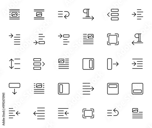 Alignment and Paragraph icon set. Minimal vector icons for text formatting, layout, and editing. Includes center, indent, spacing, header, footer, export, and more. Editable stroke.