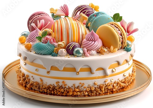 Luxury dessert cake with macarons and toppings high resolution image