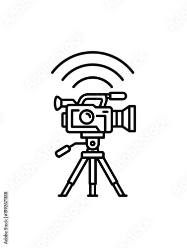 Video Camera Setup On Tripod Capturing Footage With Signal Waves