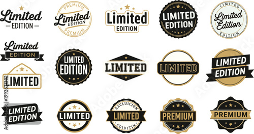 A collection of various limited edition and premium badges seals and labels in black gold and white high quality professional detailed modern elegant