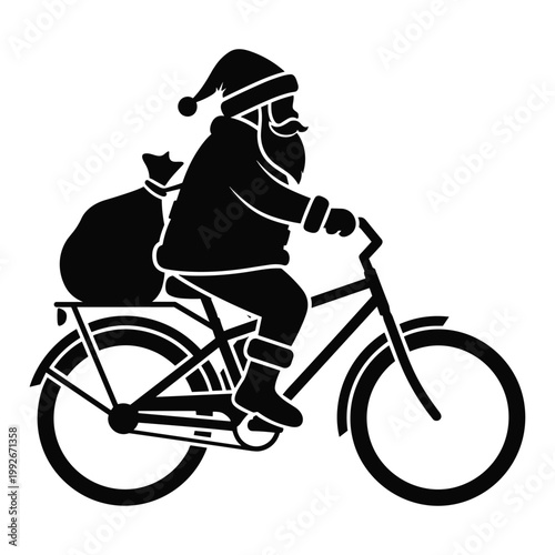 Silhouette of santa claus riding a bicycle with a sack of gifts christmas transport