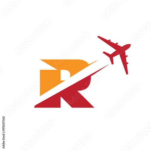 This is a logo design of a letter R with an airplane flying through it cut the letter into two parts. The logo looks nice in red and orange color combination and on a white background.