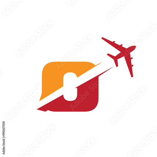 This is a logo design of a letter O with an airplane flying through it cut the letter into two parts. The logo looks nice in red and orange color combination and on a white background.