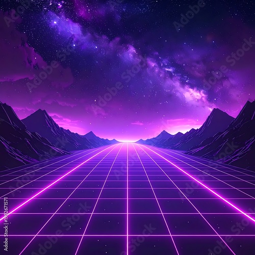 A futuristic purple landscape with grid lines and stars