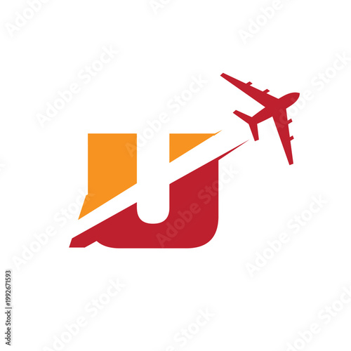 This is a logo design of a letter U with an airplane flying through it cut the letter into two parts. The logo looks nice in red and orange color combination and on a white background.