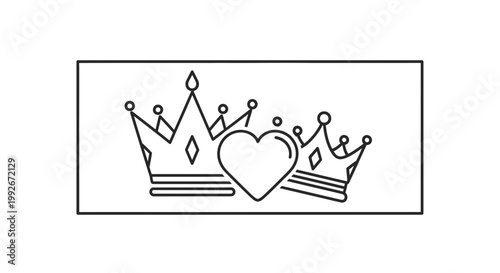 Royal Couple Love Icon: Two Crowns and Heart Symbol, Minimalist Line Art