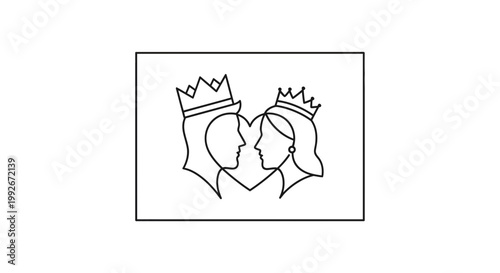 Royal Couple Silhouette Icon: King and Queen Profile with Crown, Love Heart Symbol