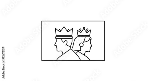 Royal Couple Silhouette Icon: King and Queen Profile with Crowns on White Background