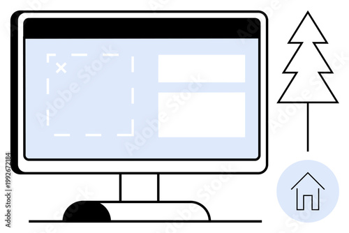 User interface design, web development, home technology, creative tools, graphic creation, digital workspace. Computer screen with form layout, tree and home icons. User interface and web development