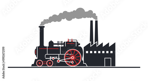 Iconic steam locomotive and industrial factory emitting smoke on a white background.