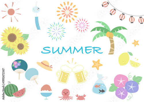 夏のモチーフセットイラスト かわいい季節素材集 summer icon set seasonal vector