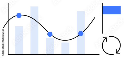 Business analytics, data tracking, performance management, market research, workflow optimization, trend monitoring. Line chart with data points, bar graph and progress icons. Business analytics