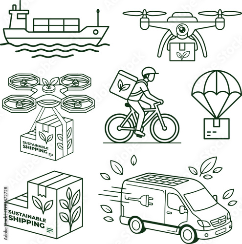 Green Transport and Delivery Flat Line Icon Collection