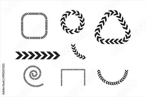 Minimalist black arrow brush set, geometric chevron pattern borders and frames, decorative vector stroke collection for graphic design