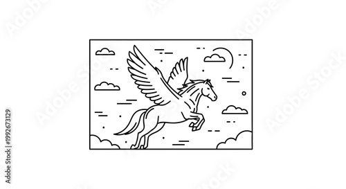 Mythical Pegasus Horse Flying in Sky, Outline Illustration