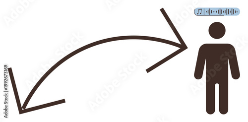 Communication, sound transmission, auditory technology, message delivery, acoustic signal, telecommunication. Arrows pointing to a person with soundwave icons. Communication and sound transmission