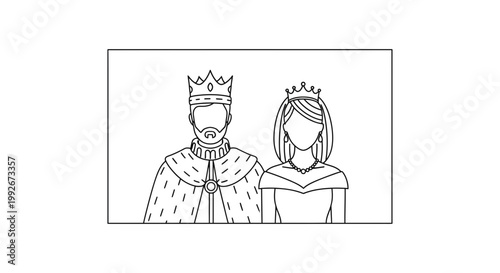 King and Queen Royalty Couple Wearing Crowns and Regal Attire, Outline Illustration