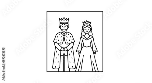 King and Queen Royalty Icon: Minimalist Line Art of Royal Couple in Crowns