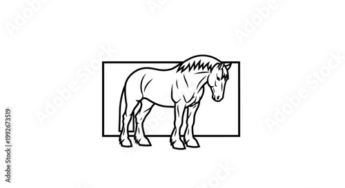 Line Art Drawing of a Heavy Horse Standing Inside a Square Frame