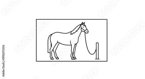 Line Art Horse Tied to Post, Equestrian Scene, Stable Animal Illustration
