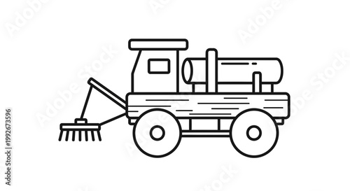 Line Art Icon of a Vintage Tractor with a Sweeping Attachment