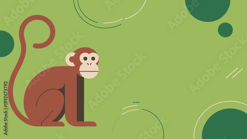 Minimalist cute monkey vector illustration sitting with curled tail on green abstract background, flat design cartoon animal, playful jungle theme, modern simple graphic for decor.