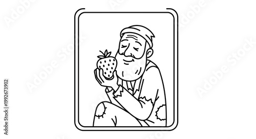Happy Old Man with Beard Holding a Strawberry, Line Art Illustration
