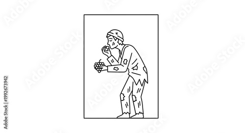 Homeless man eating grapes, tattered clothes, begging, poverty, hunger, survival
