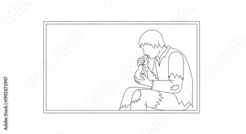Homeless man eating from a bottle, illustration, poverty, despair, hunger, begging, sad, alone