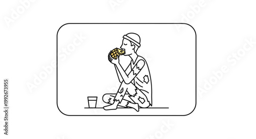 Homeless man eating food on street, poverty, hunger, social issues, illustration