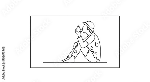 Homeless man in tattered clothes eating an apple, sitting on the ground