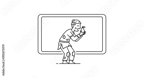 Homeless Man with Bottle, Outline Drawing, Poverty Concept