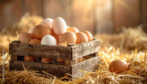 Fresh raw chicken eggs in wooden crate on straw bedding with warm sunlight in barn
