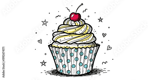 Delicious cupcake with cherry on top and festive decorations.