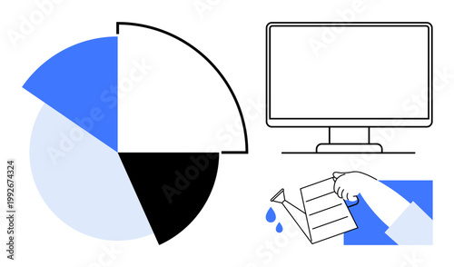 Business analysis, technology growth, data presentation, digital innovation, development, strategy. Minimalist pie chart, hand pouring water monitor. Business analysis and technology growth