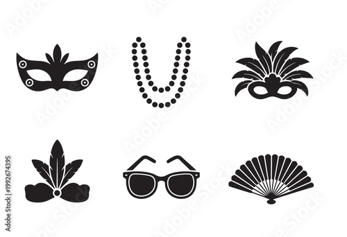 A collection of black silhouette icons representing festive Mardi Gras costume accessories and parade elements