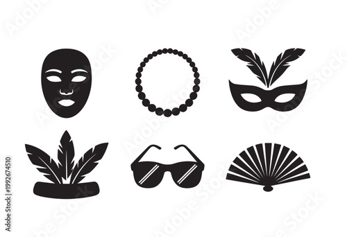 A set of black icons representing traditional Mardi Gras celebration accessories like masks, beads, and a fan