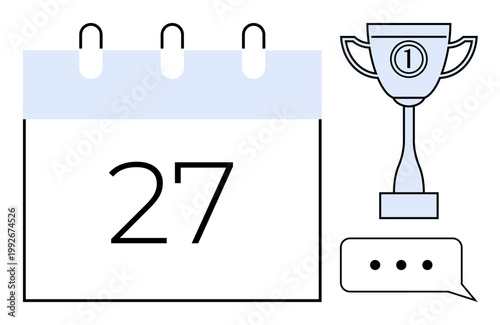 Achievement concept. Achievement highlighted through a calendar, trophy, and speech bubble. Achievement in goals, productivity, teamwork, and success. For business education goal-setting