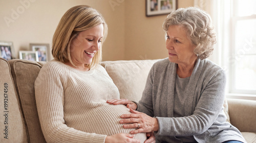 Mother's Day pregnant daughter expectant mom grandmother touching belly celebrating motherhood love support family bond generational connection warmth hope joy background