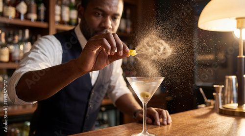 World Cocktail Day bartender squeezing lemon peel oil spray over martini glass showcases mixology artistry technique for hospitality industry marketing content