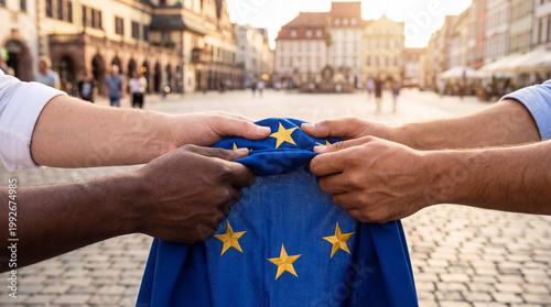 Europe Day diverse hands holding EU flag together celebrates unity diversity peace cooperation for editorial magazine article website multicultural teamwork solidarity content