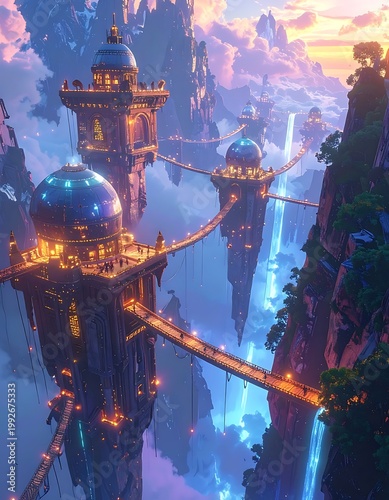 A fantastical cityscape with glowing bridges and towers