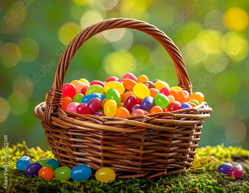 A wicker basket filled with colorful jelly beans on moss