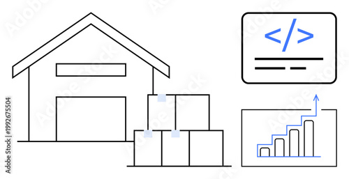 Warehousing, supply chain, logistics, data management, software coding, business growth. Outline of a warehouse, stacked boxes code snippet and growth chart. Warehousing and logistics concepts