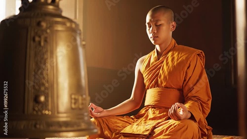 Buddhist monk meditating in lotus pose beside large bronze bell, peaceful and serene atmosphere, warm light, spiritual practice